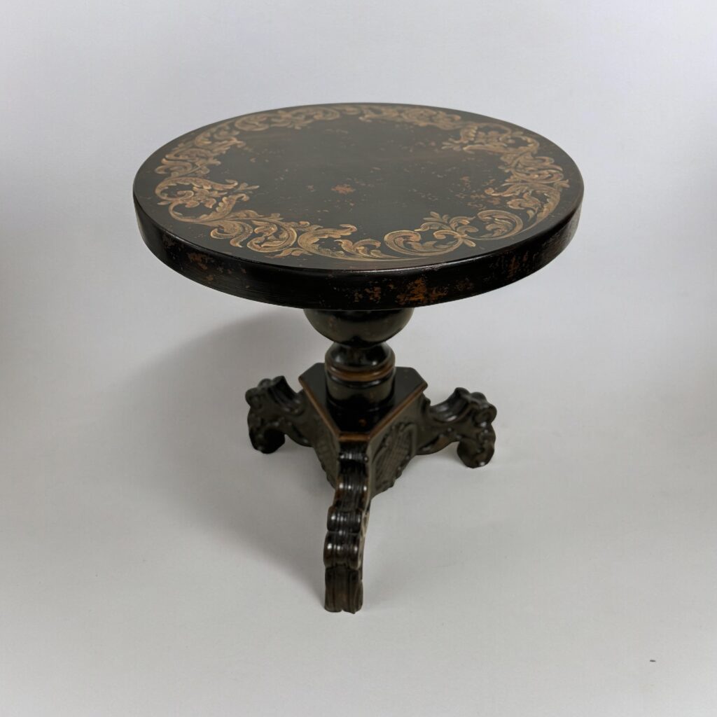 WOOD ROUND PEDESTAL TABLE WITH HANDPAINTED DESIGNS AROUND THE EDGES
