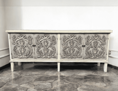 HANDCARVED WOOD CONSOLE TABLE, VINTAGE STYLE IN GREY AND OFF WHITE COLORS