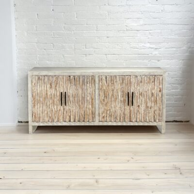 Central wooden buffet with 4 doors decorated with wooden moldings that creates an intricate design for a modern look, metal handles, white/grey body