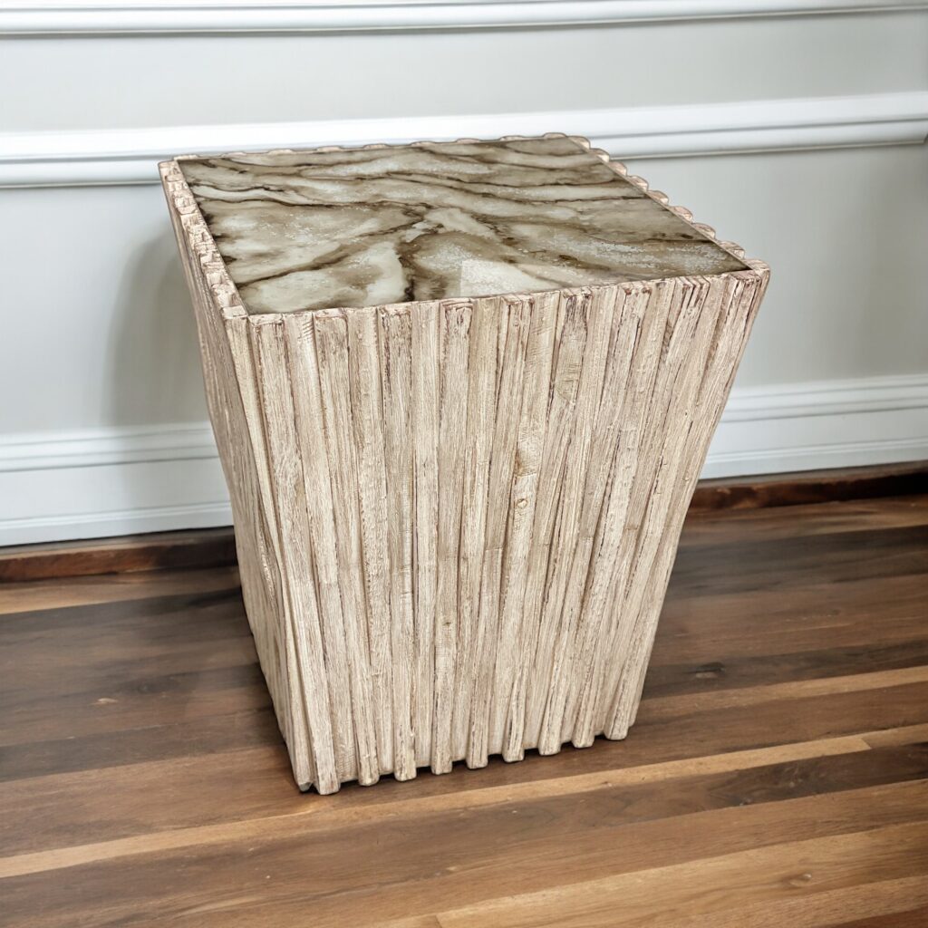 wood end table cream color with reverse painted glass top that looks like marble