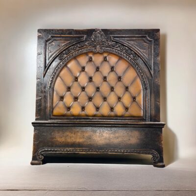 ORNATE CARVED BED WITH TUFTED LEATHER IN TAN COLOR