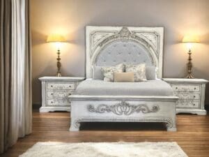 Francesca Solid Wood King Bed with Tufted Fabric Headboard – Waxed Off-White Finish