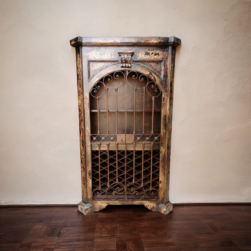 OLD WORLD PERUVIAN HANDCRAFTED WINE CABINET WITH HAND FORGED DOOR IN NATURAL SANTANDER FINISH