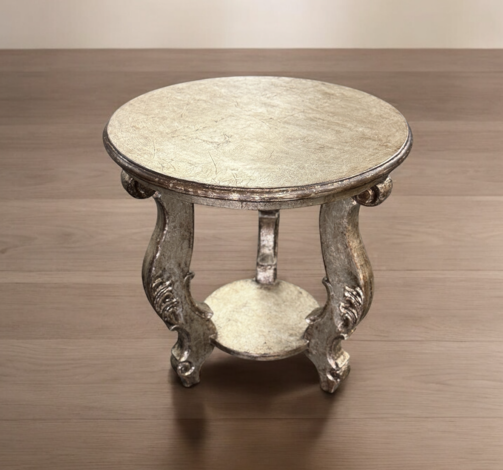 BAROQUE STYLE ROUND TABLE 3 CARVED LEGS IN SILVER COPPER FINISH