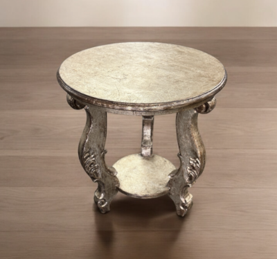 BAROQUE STYLE ROUND TABLE 3 CARVED LEGS IN SILVER COPPER FINISH