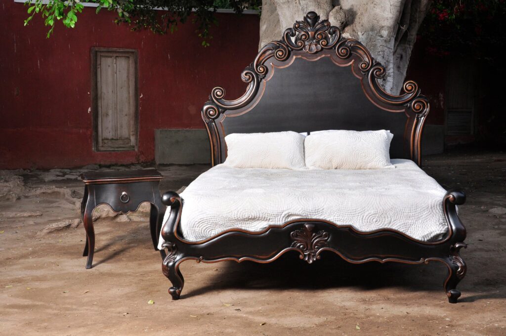 Majestic Bed stain color with distress on the edges, Traditional bed.