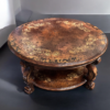 Round wood table 42 diam x 21' h carved legs, decorative shelf handpainted