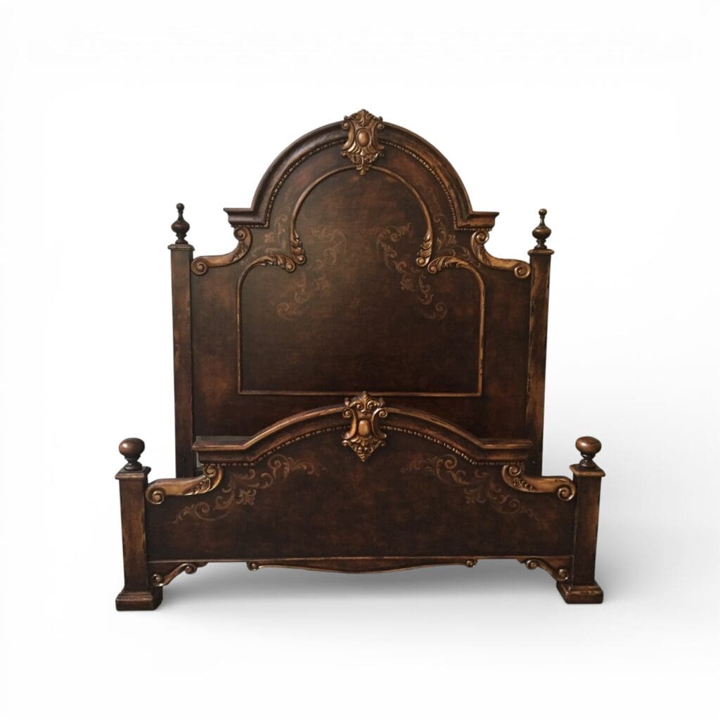 Handcrafted Montelena king bed featuring carved wood details and Old World European design in Marbella finish