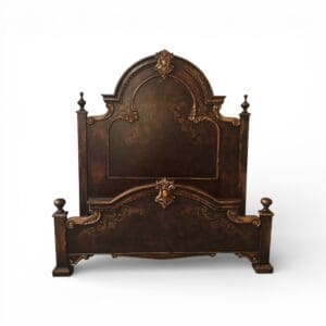 Handcrafted Montelena king bed featuring carved wood details and Old World European design in Marbella finish