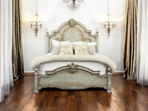 High End Rustic wood bed in rustic plata colors with handpainted motiff