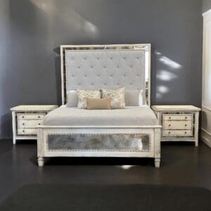 Madeleine Wood King Bed with Tufted and aged glass Headboard