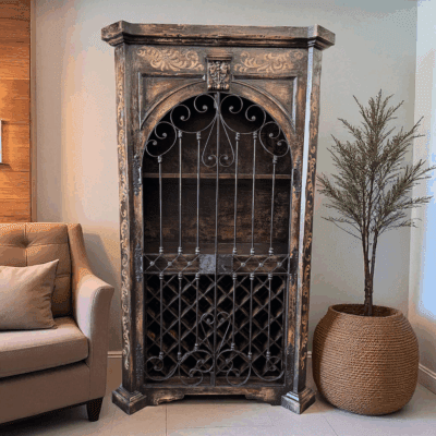 Rustic wood wine bar cabinet with wine rack