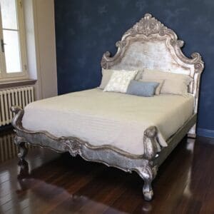 Marqueza Carved Wood King Bed with Ornate Headboard – Silver Copper Finish