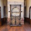 OLD WORLD HANDCRAFTED PERUVIAN ARMOIRE, HAND FORGED DOORS IN TUSCAN FINISH, SOFT CARAMELS COLORS WITH SCROLLS PAINTED IN SAGE AND OCHRE COLORS BY CASA BONITA