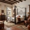 Handcrafted iron canopy bed with ornate scrollwork and twisted posts in a warm Mediterranean-style bedroom.