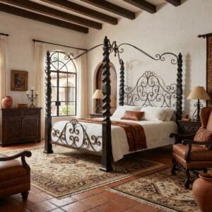 Handcrafted iron canopy bed with ornate scrollwork and twisted posts in a warm Mediterranean-style bedroom.