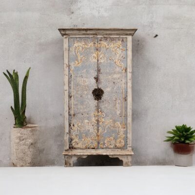 Tuscan Style handcrafted armoire by Peruvian artisans, soft blue hues on the doors with romantic scrolls around the edges , on a white waxed color body, ideal for any bedroom or living room
