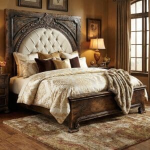 Francesca Solid Wood King Bed with Tufted Fabric Headboard – Santander Finish