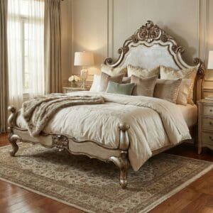 Marqueza Carved Wood King Bed with Ornate Headboard – Silver Copper Finish