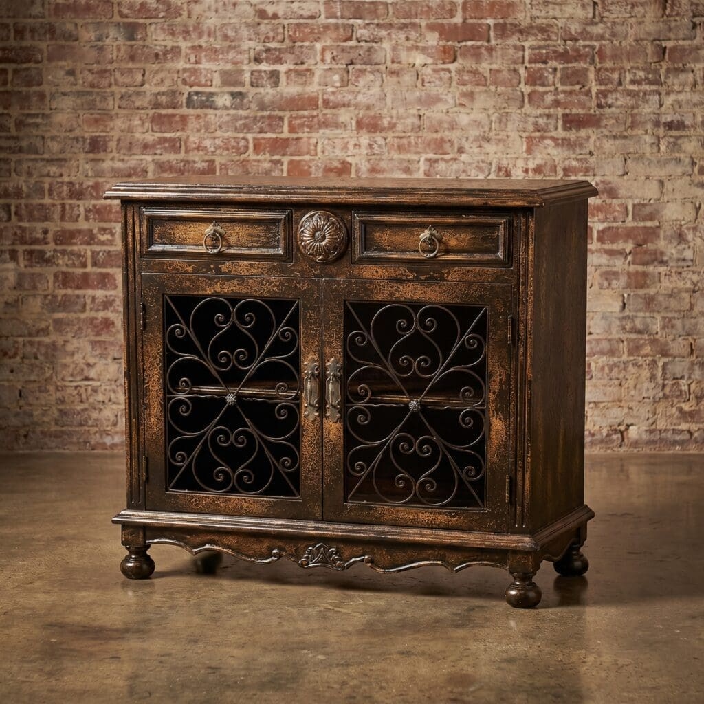 Antique dark wood cabinet with ornate metal grille doors against a brick wall.