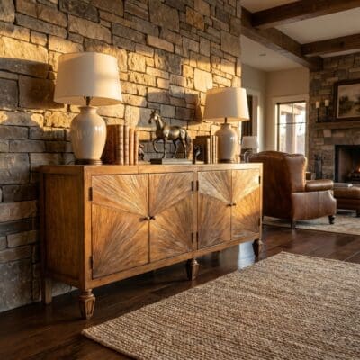 Living room interior with a stone wall, wooden cabinet, two beige lamps, and decorative horse figurines on the console.