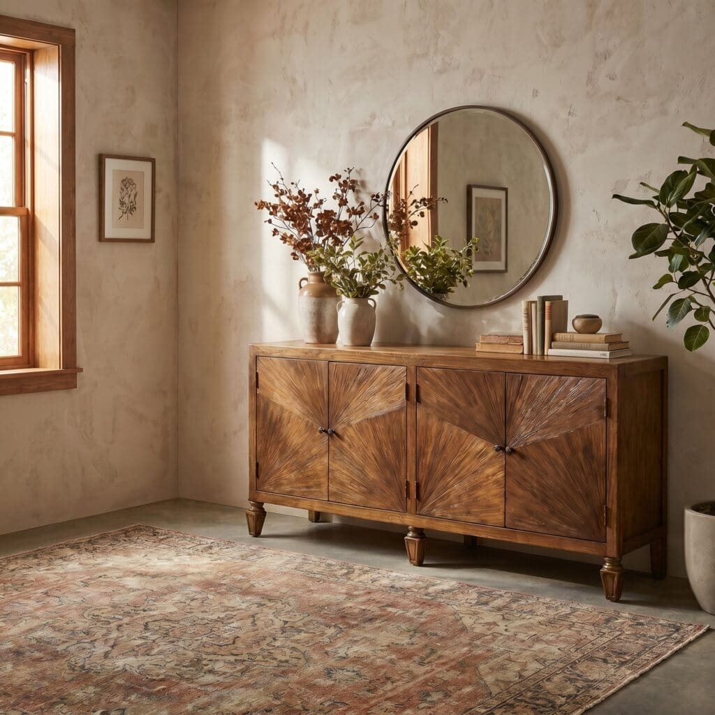 Wooden sideboard with sunburst veneer, round mirror above, and a vase of dried branches creating a warm, natural vignette.