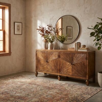Wooden sideboard with sunburst veneer, round mirror above, and a vase of dried branches creating a warm, natural vignette.