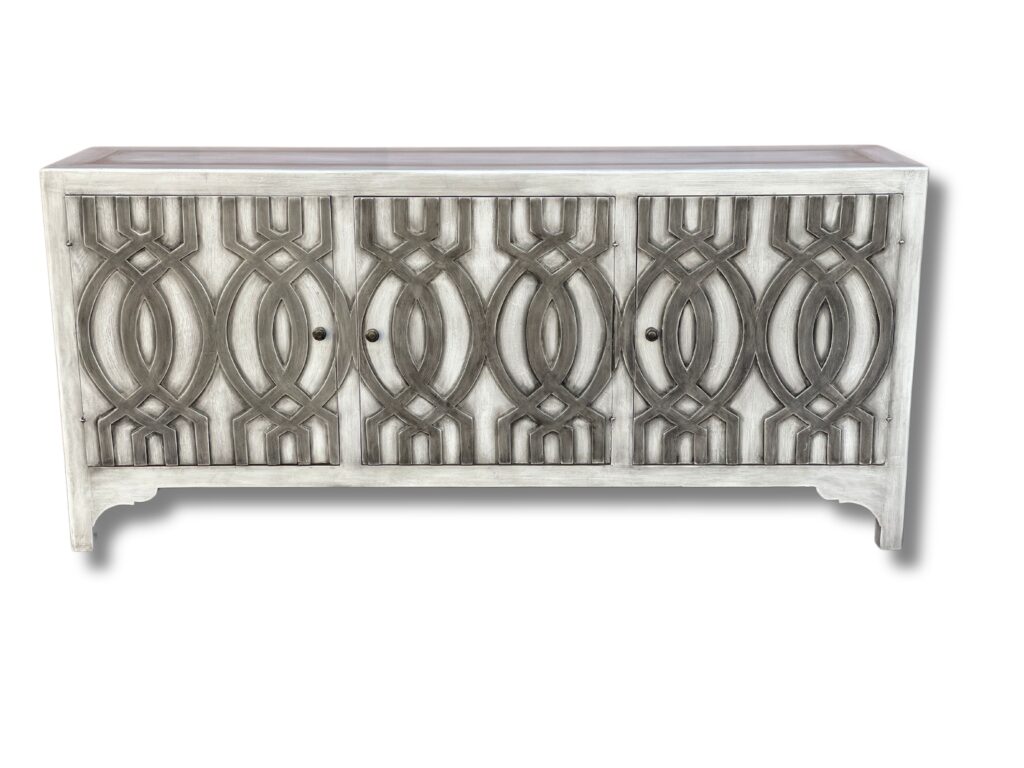 WHITE WASHED GREY SIDEBOARD WITH 6 DOORS WITH GEOMETIC DESIGNS ON DOORS ON DARKER GREY COLOR