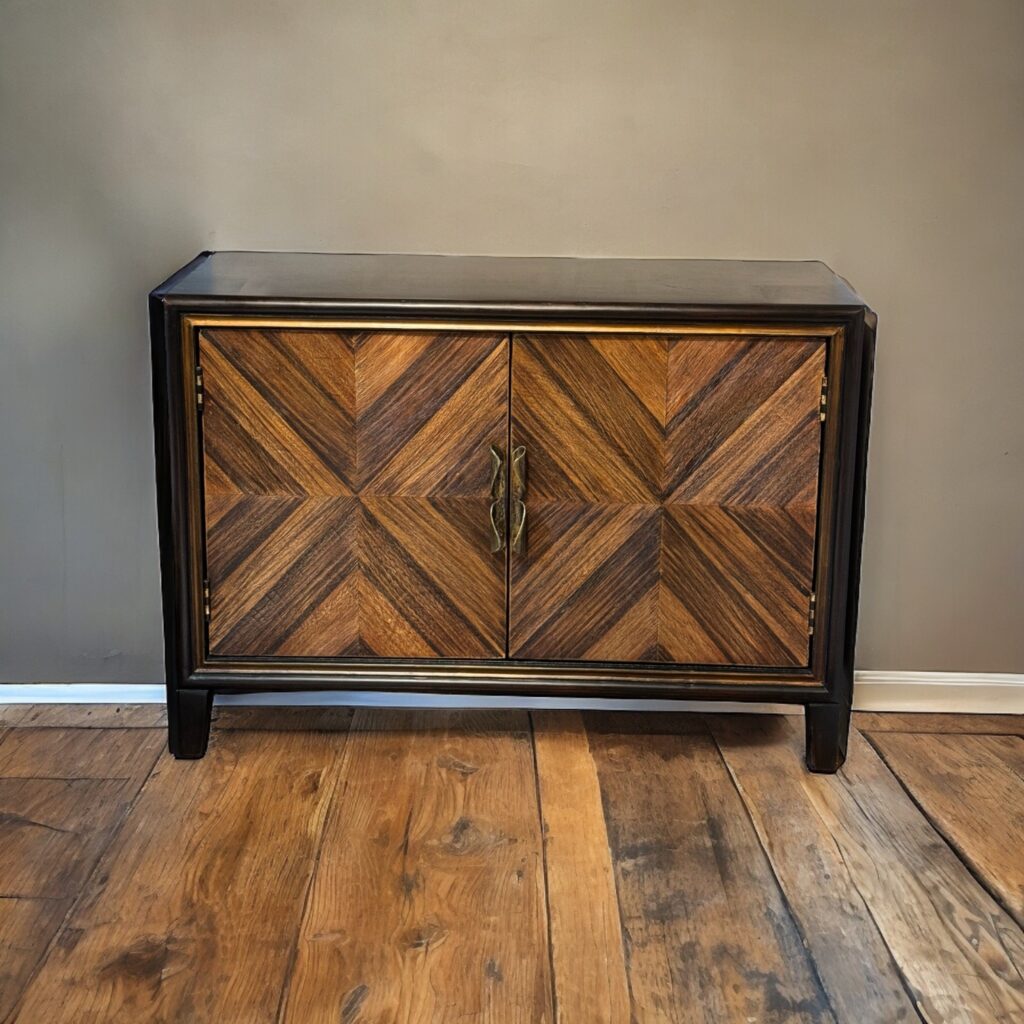 ART DECO WOOD CHEST, 2 DOORS WITH GEOMETRICAL DESIGNS WITH BLACK BODY AND METAL HANDLES