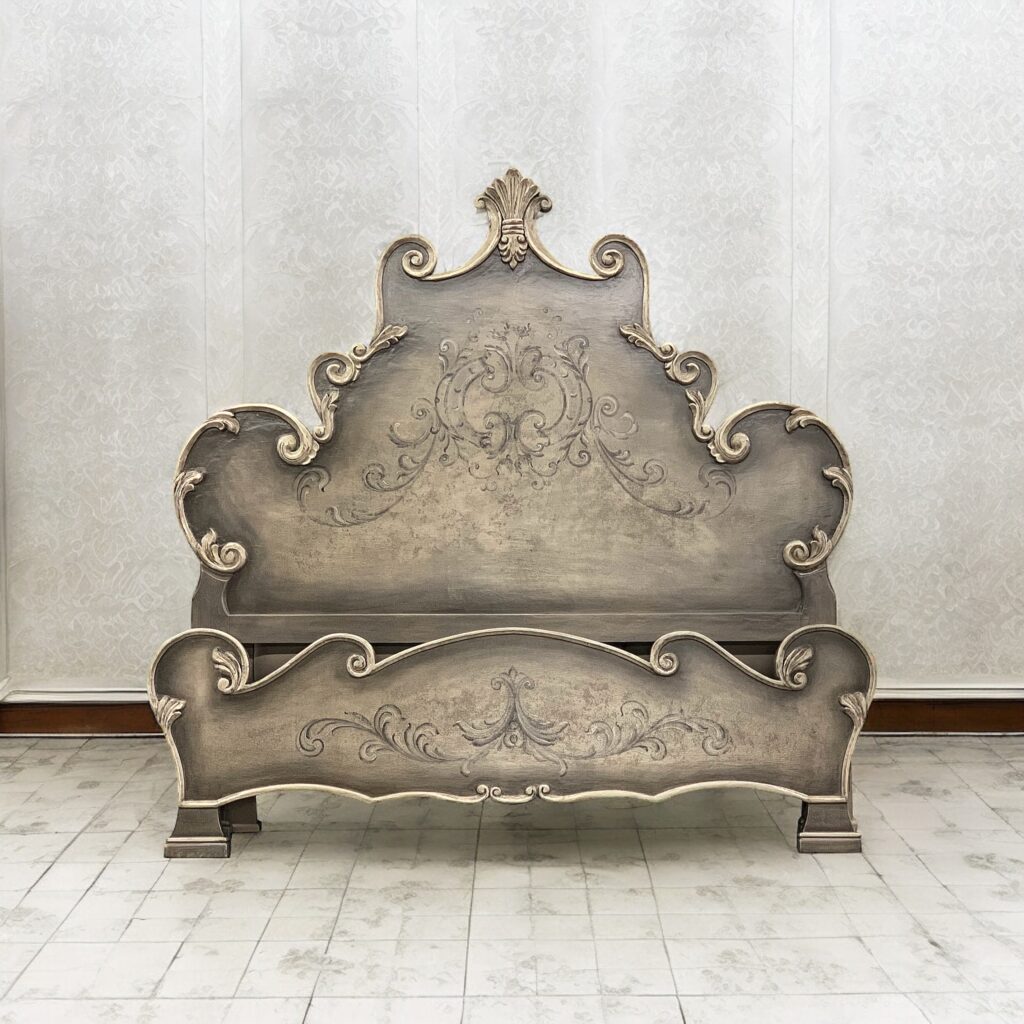 Ornate handcarved wood bed in soft grey painted by Peruvian artisans