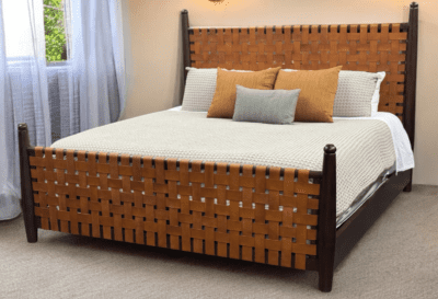 modern rustic handwoved leather headboard and footboard, beautiful cognac leather color with dark brown wood