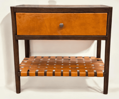 WOOD NIGHTSTAND IN BROWN COLOR WITH LEATHER DRAWER AND WOVEN LEATHER SHELF