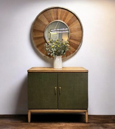 MID CENTURY WOOD CHEST WITH 2 DOORS IN GREEN LEATHER WITH LIGHT WOOD TOP