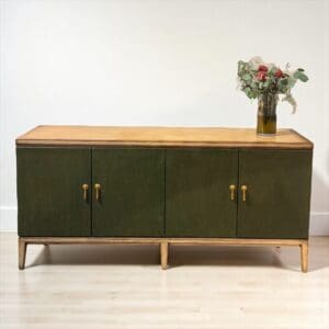 WOOD SIDEBOARD WITH LEATHER WRAPPED DOORS