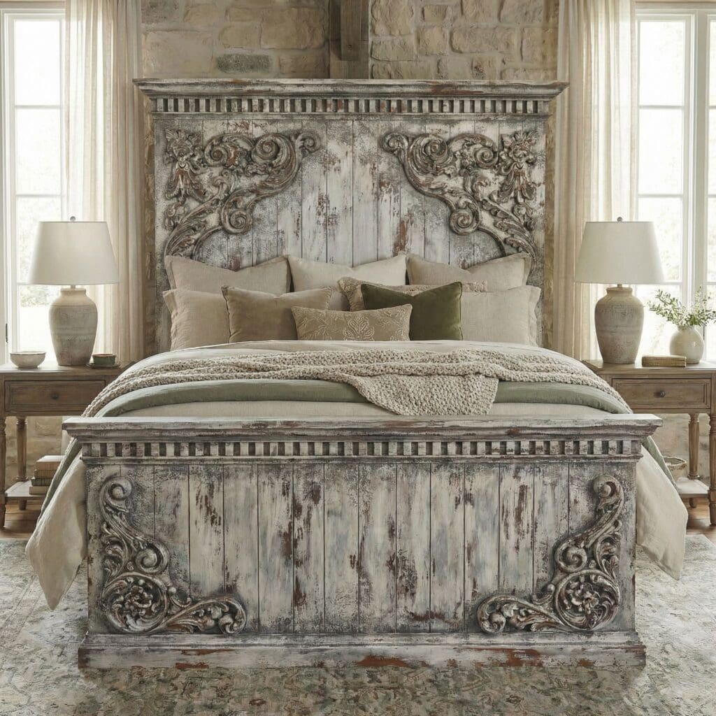 Handcrafted solid wood king bed frame with carved headboard and distressed finish