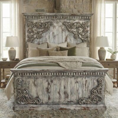 Handcrafted solid wood king bed frame with carved headboard and distressed finish