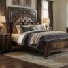 Ornate dark wood carved headboard with tufted leather bed and matching nightstands in a luxury bedroom