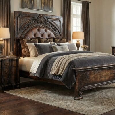 Ornate dark wood carved headboard with tufted leather bed and matching nightstands in a luxury bedroom