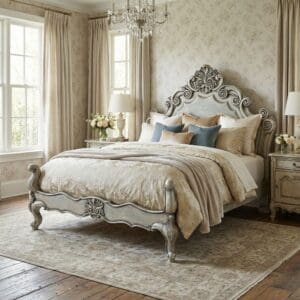 Marqueza Carved Wood King Bed with Ornate Headboard - Waxed White Gray